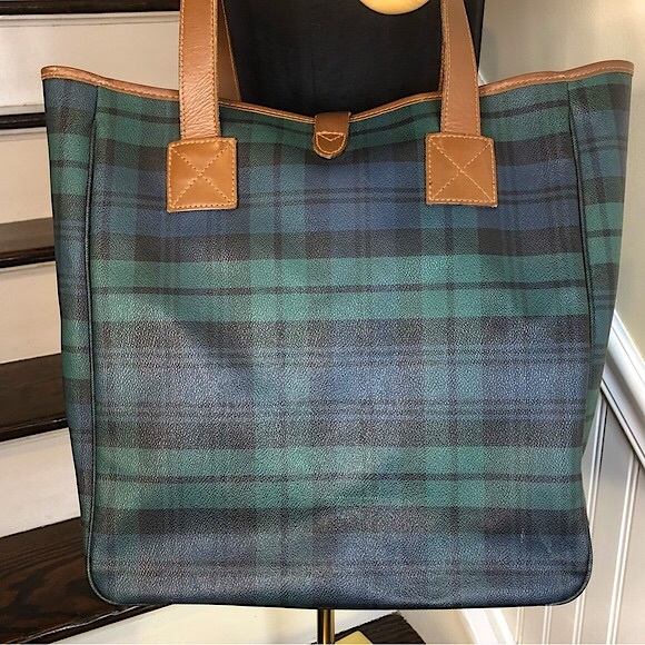 RALPH LAUREN Black Watch Waxed Leather Coated Canvas Overnight Travel Bag - Picture 5 of 17